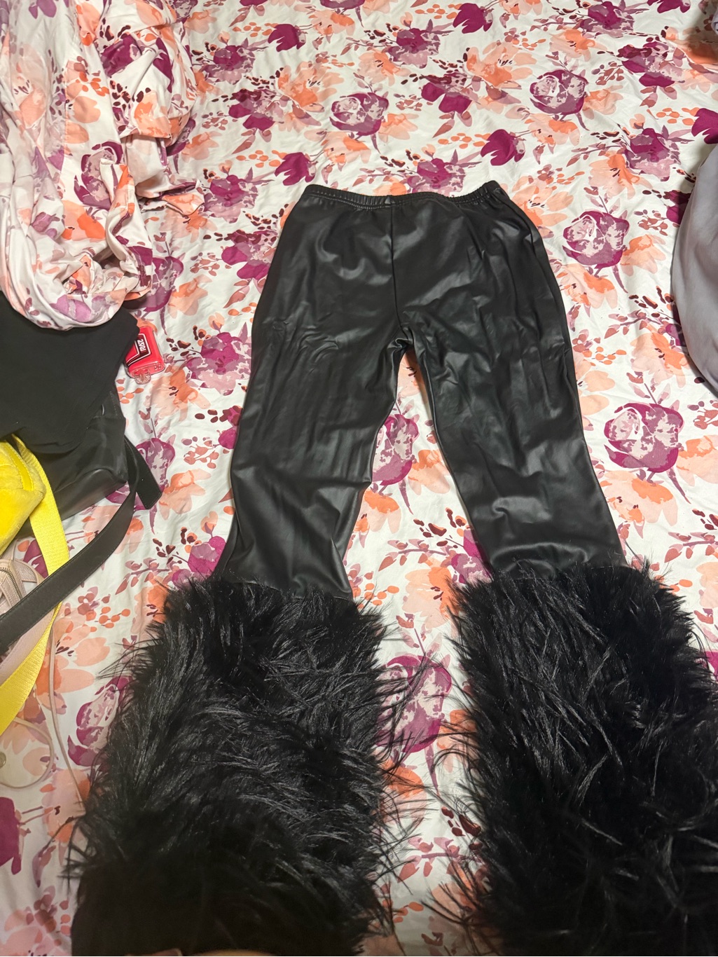Faux Leather Flared Leggings With Black Faux Fur Cuffs